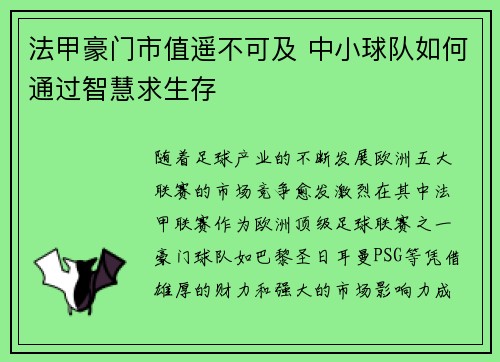 法甲豪门市值遥不可及 中小球队如何通过智慧求生存